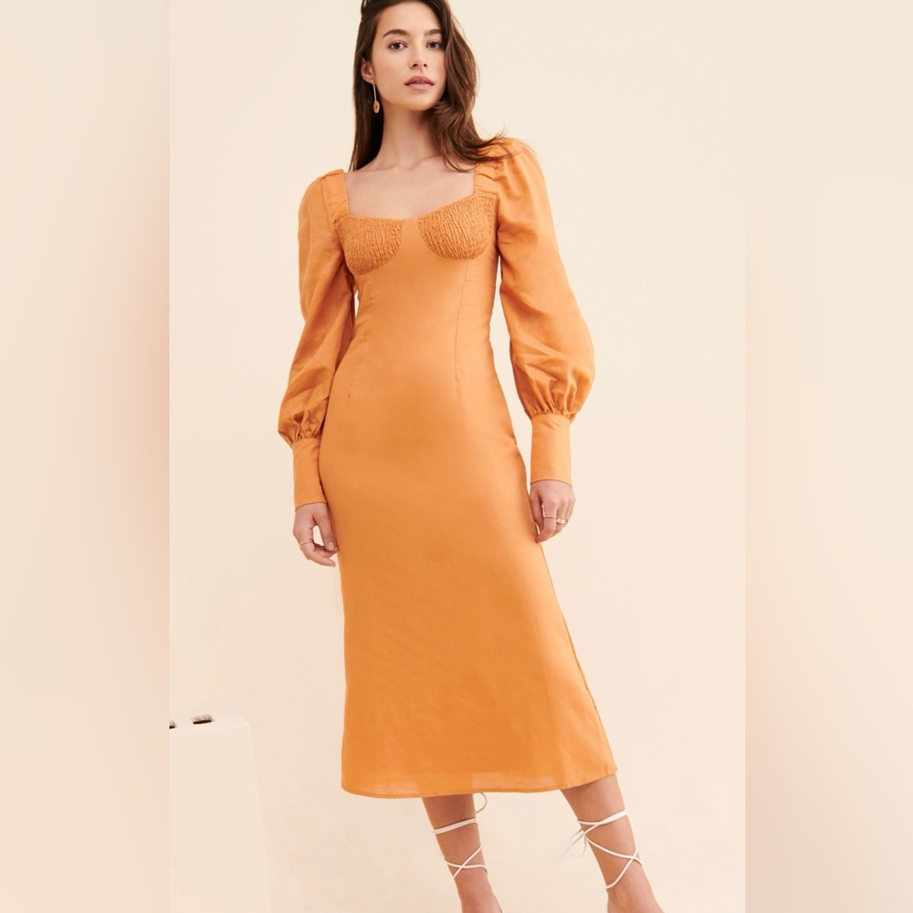 Linen Midi Dress with Puff Sleeves